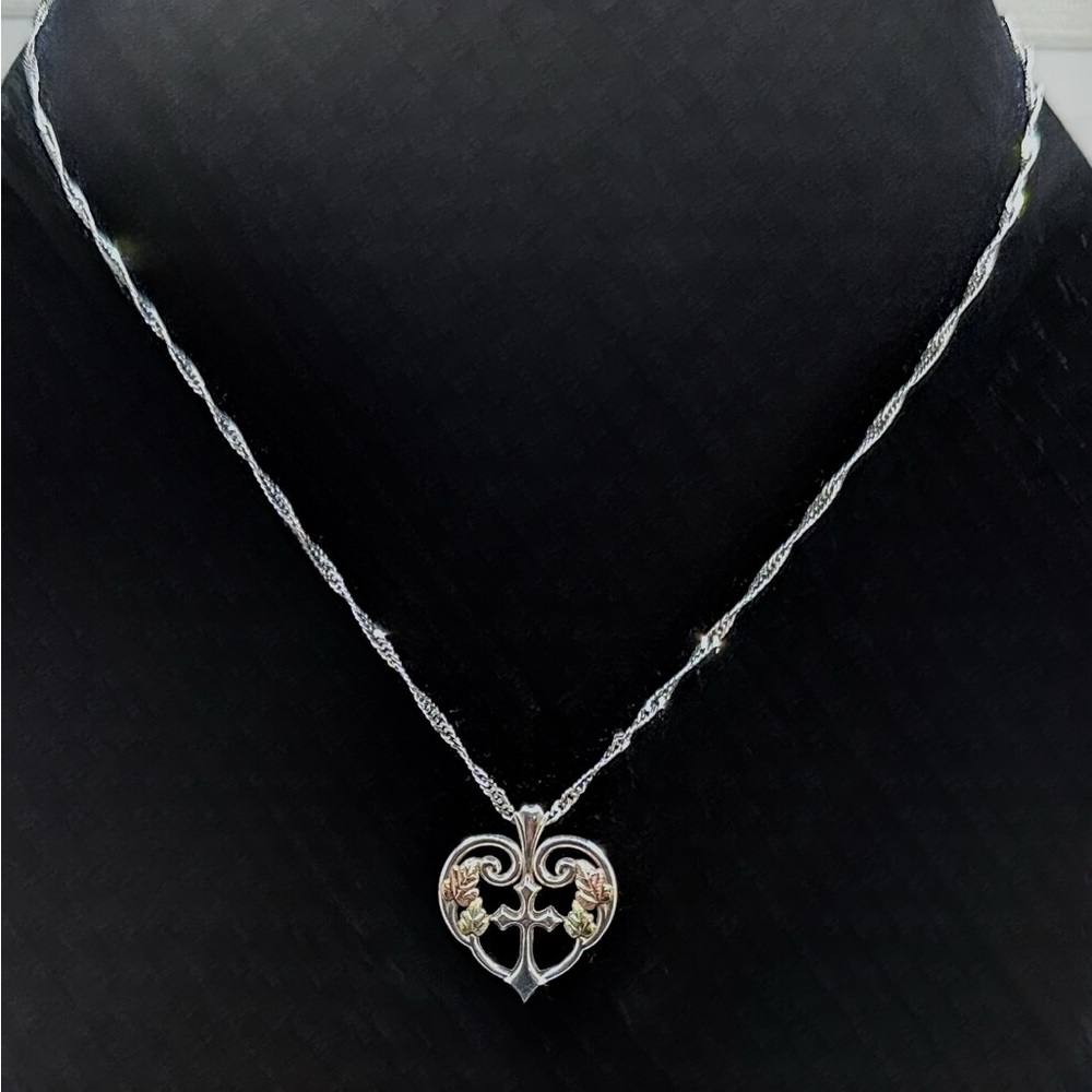 Vintage Black Hills Gold Open Heart Cross Pendant on 16” Necklace - 925/12K